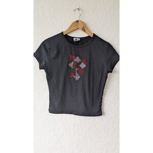 Rue21 Womens Black Rhinestone Cross‎ Rose Butterfly Baby Tee Y2K Shirt Medium